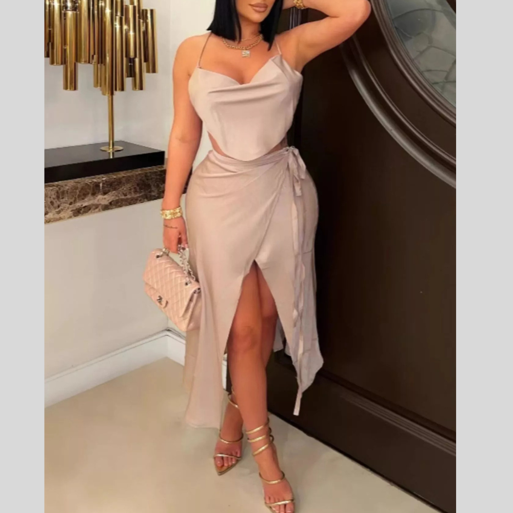 Satin Halter Neck Crop Top and Wrap Skirt Set