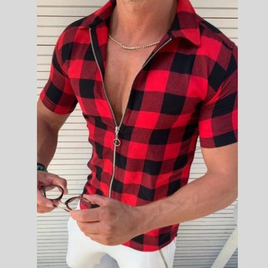 Men's Plus Size Plaid Zip Up Short Sleeve Shirt