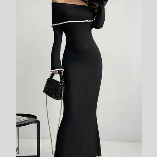 Contrast Trim Off-Shoulder Long Sleeve Maxi Sweater Dress
