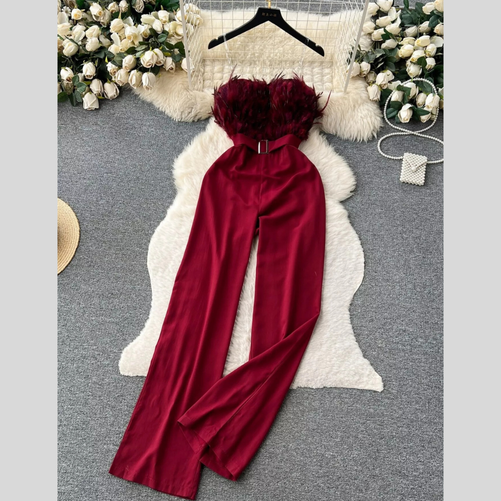 Feather Trim Strapless Wide Leg Jumpsuit