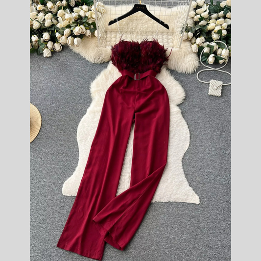 Feather Trim Strapless Wide Leg Jumpsuit