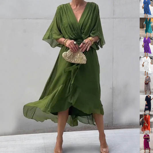 Batwing Sleeve V-neck Dress Summer Pure Color Tied Irregular Long Dresses Womens Clothing