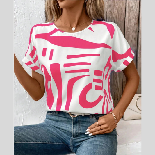 Contrast Round Neck Short Sleeve Blouse