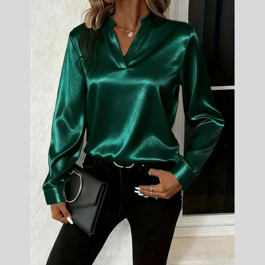 Satin Notched Long Sleeve Blouse