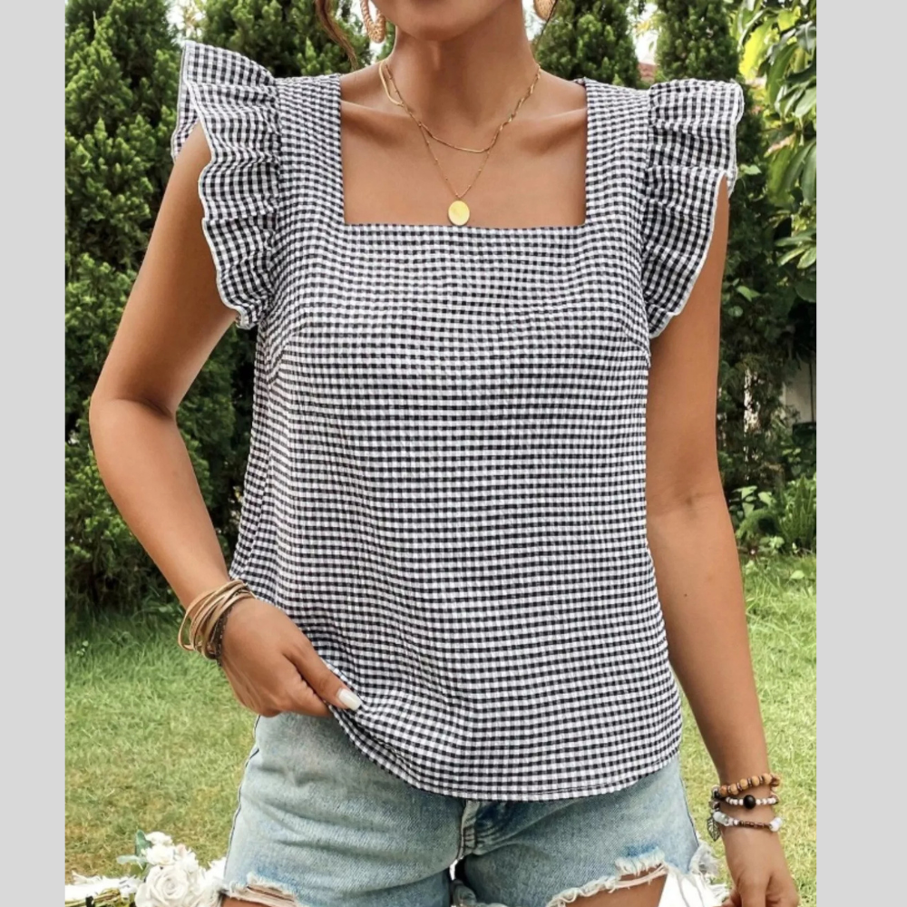 Gingham Ruffle Sleeve Square Neck Blouse