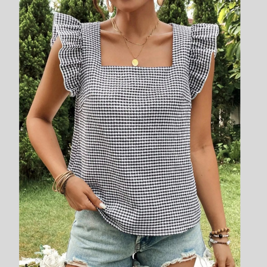 Gingham Ruffle Sleeve Square Neck Blouse