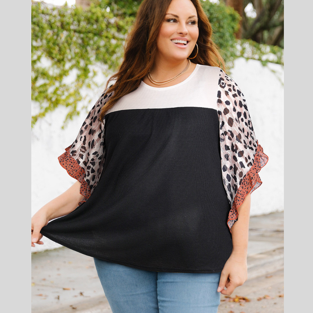 Plus Size Printed Color Block Ruffled Blouse