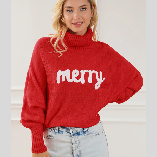 Merry Letter Embroidered High Neck Sweater