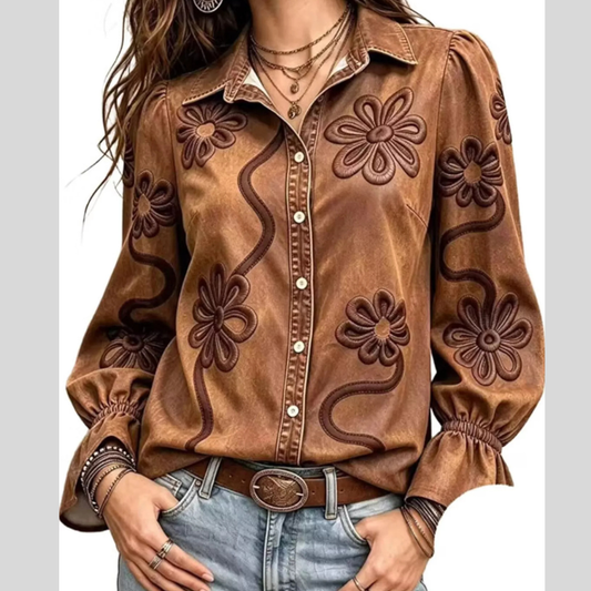 Full Size Denim Lock Floral Embroidered Shirt Plus Size