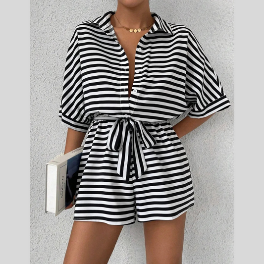 Tie Waist Half Button Striped Romper