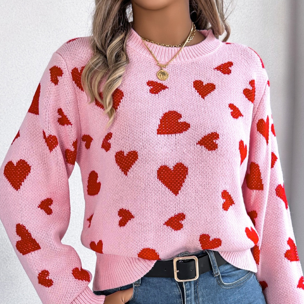 Heart Pattern Round Neck Long Sleeve Sweater