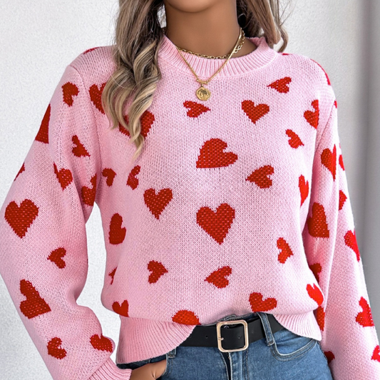 Heart Pattern Round Neck Long Sleeve Sweater