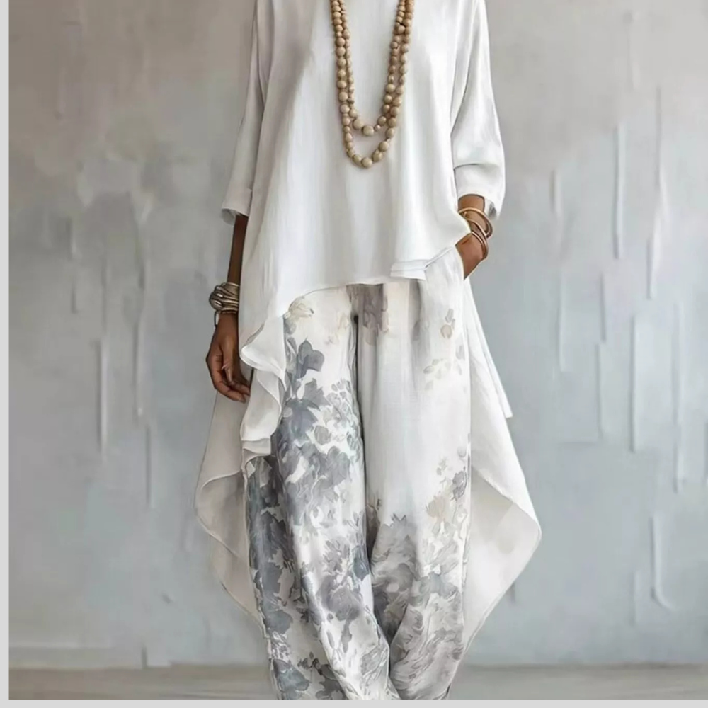 Asymmetrical Hem Top and Floral Pants Set