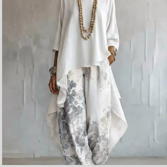 Asymmetrical Hem Top and Floral Pants Set