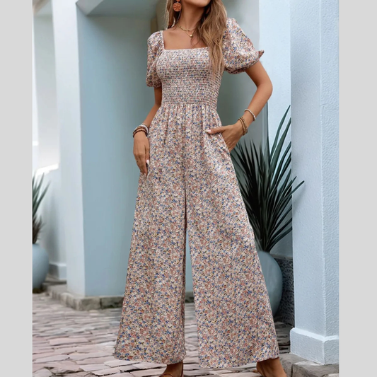 Perfee Ditsy Floral Smocked Square Neck Puff Sleeve Jumpsuit
