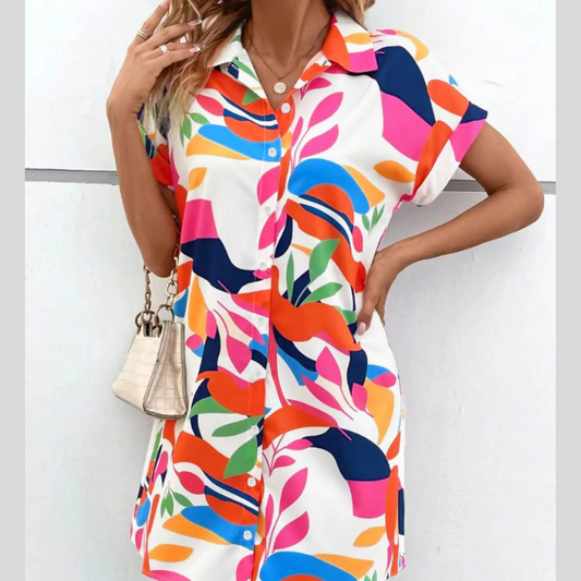 Printed Button Down Short Sleeve Dress