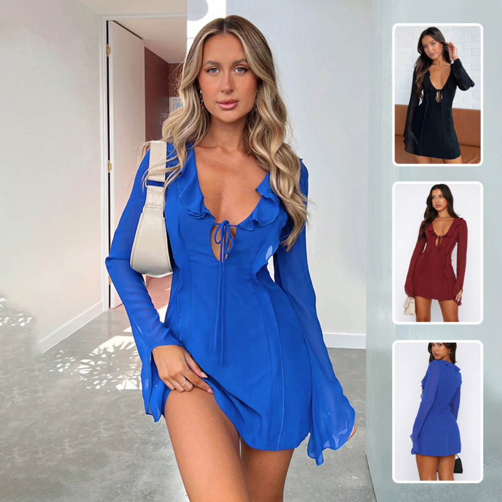 Sexy Ruffled V-neck Lace-up Long-sleeved Dress Fashion Skirt Slim Hip-covering Short Dresses For Womens Clothing