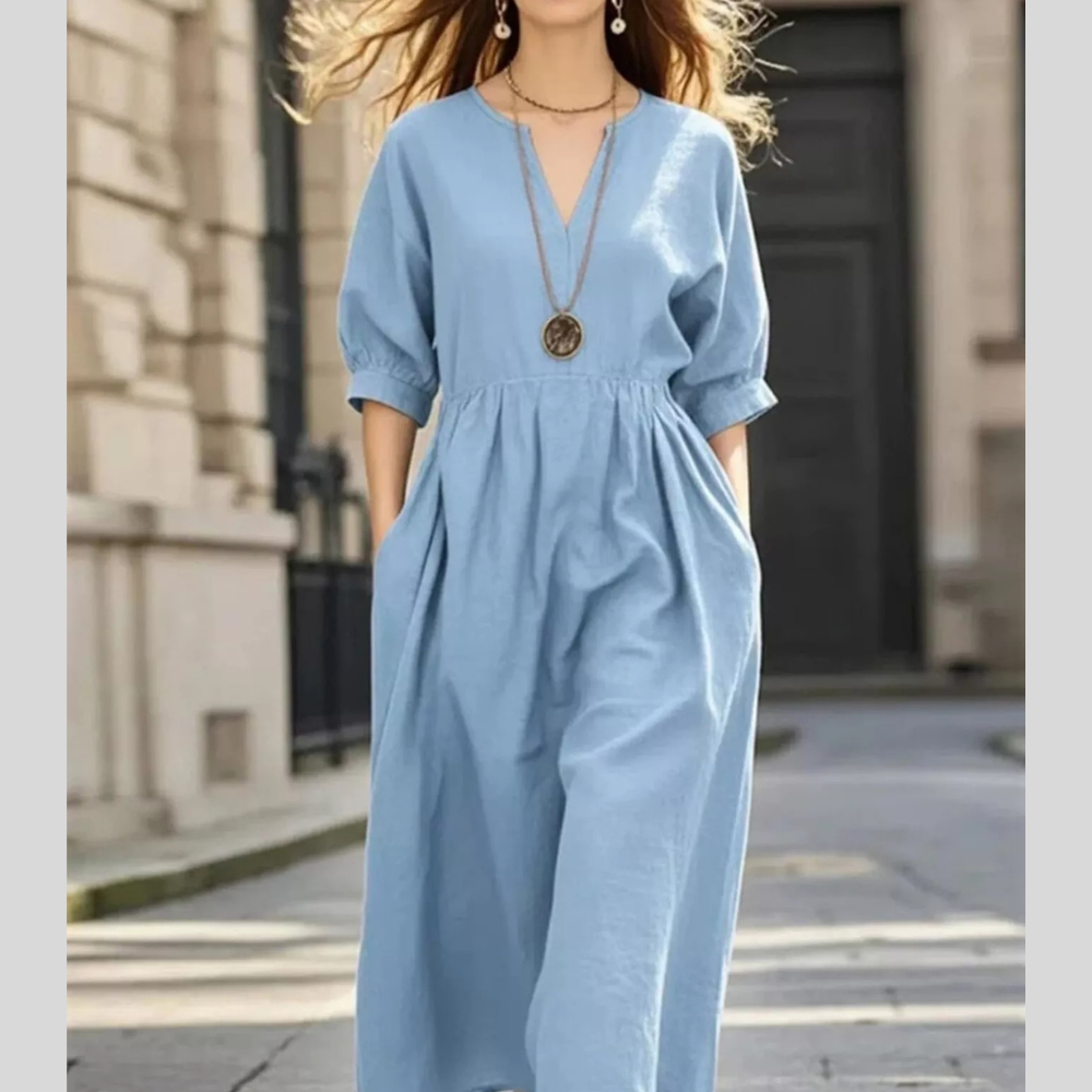 Notched Half Sleeve Midi Dress