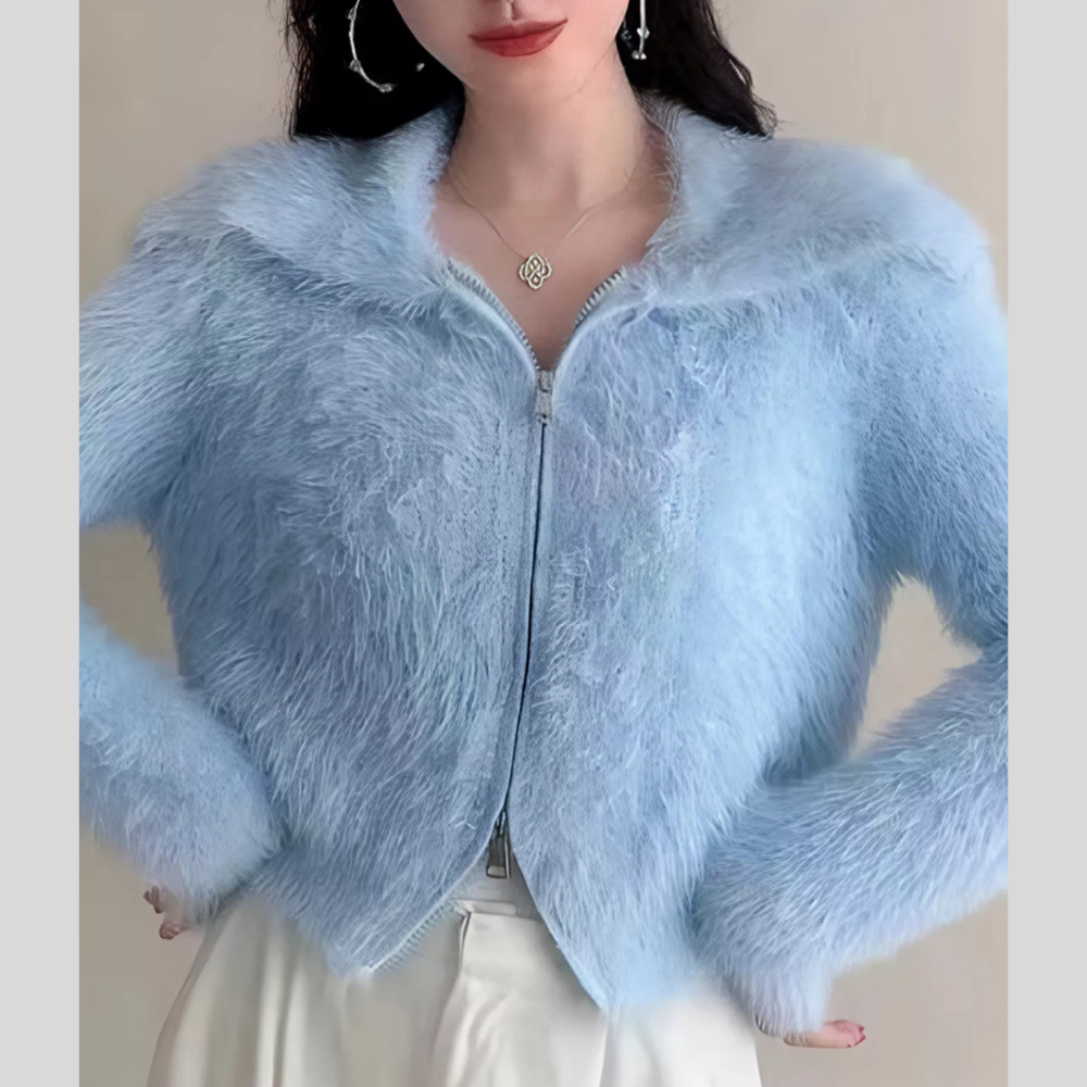 Fluffy Knit Zip-Up Outerwear