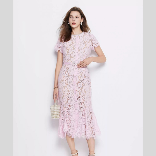 Short Sleeve Lace Mermaid Maxi Dress