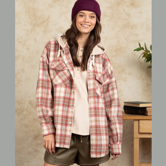 Drawstring Plaid Long Sleeve Hooded Jacket