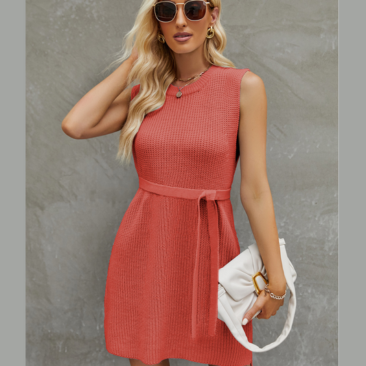 Tied Round Neck Sleeveless Sweater Dress
