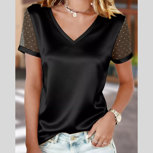 Satin V-Neck Sheer Short Sleeve Top