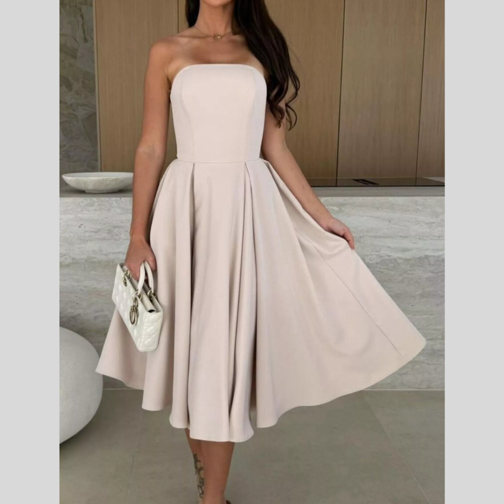 Strapless Ruched A-Line Midi Dress