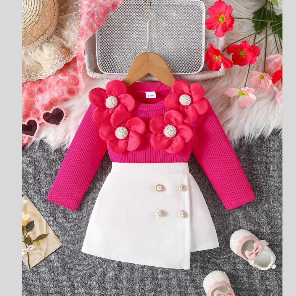 Children's Floral Applique Ribbed Top & Button Decor Skirt Set
