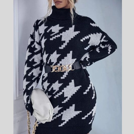 Houndstooth Pattern Turtleneck Sweater Dress