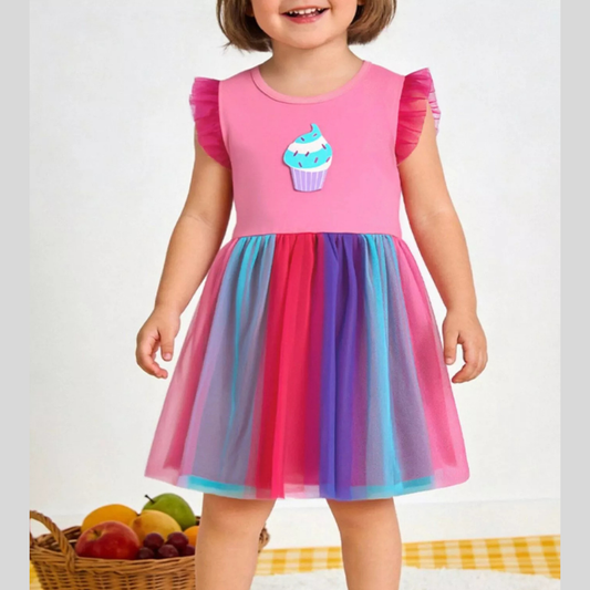Children's Cupcake Graphic Rainbow Tulle Dress