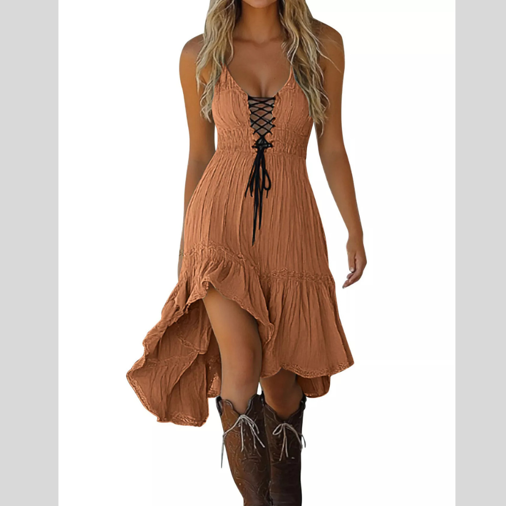 Lace-Up Front High-Low Ruffle Hem Dress