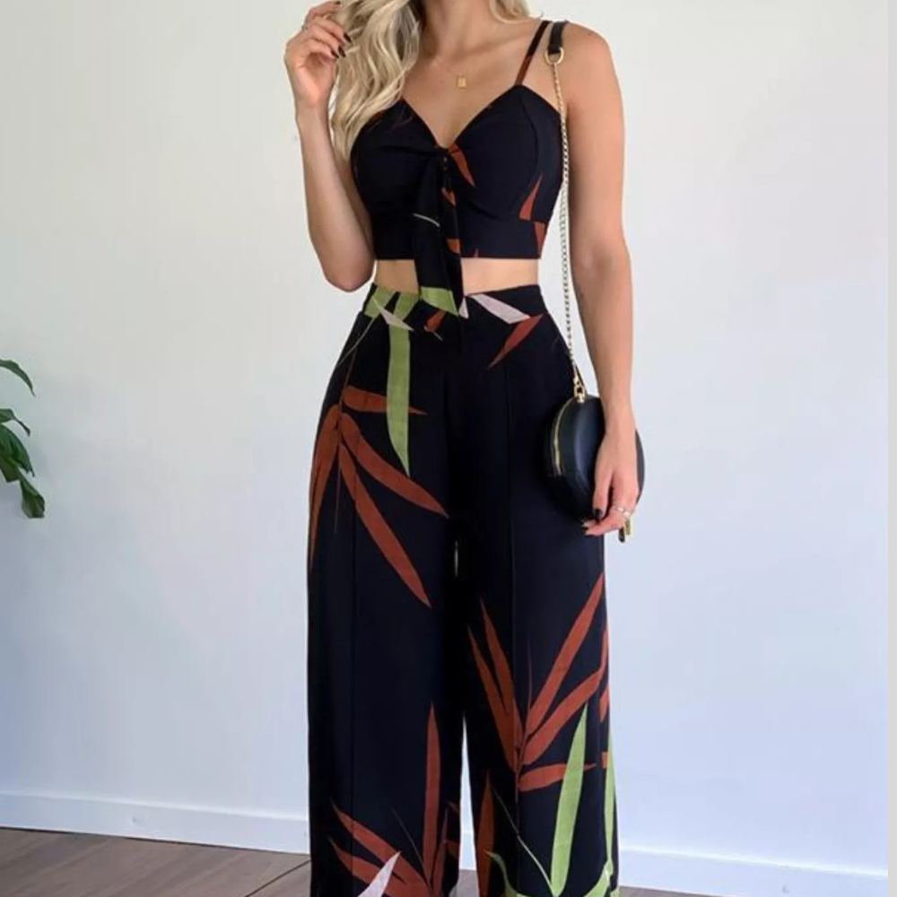 Tropical Print Spaghetti Strap Crop Top and Wide Leg Pants Set