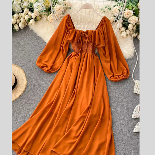 Ruffle Square Neck Balloon Sleeve A-Line Dress