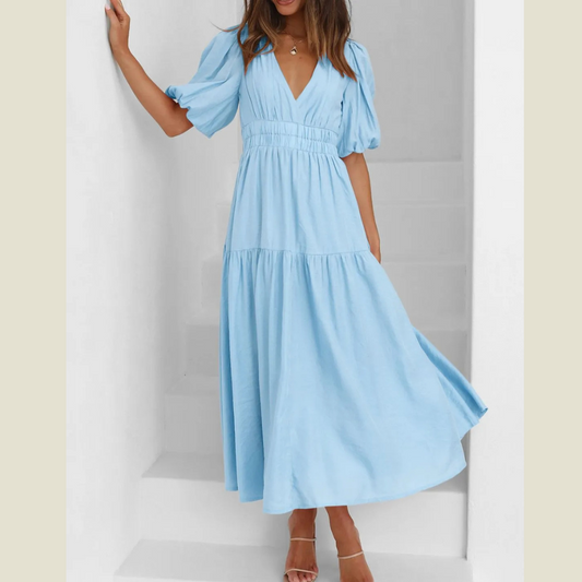 V-Neck Puff Sleeve Midi Dress
