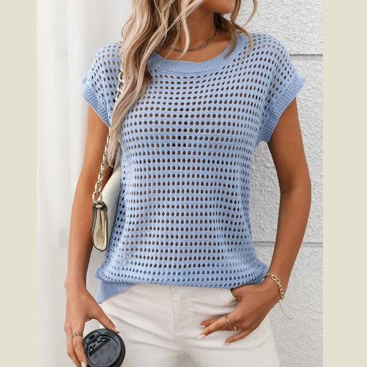 Openwork Round Neck Short Sleeve Knit Cover Up