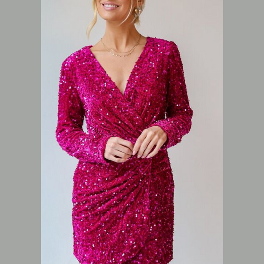 Sequin Surplice Long Sleeve Mini Dress