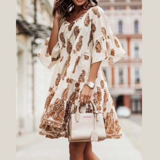 Paisley Print Tie Neck Half Sleeve Mini Dress