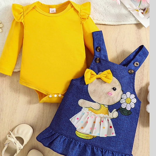 Children's Ruffled Bodysuit and Overall Dress Set with Headband