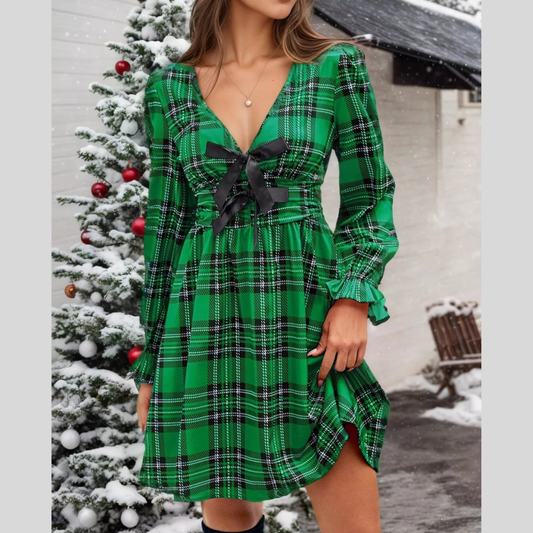 Plaid V-Neck Tie Front Mini Dress