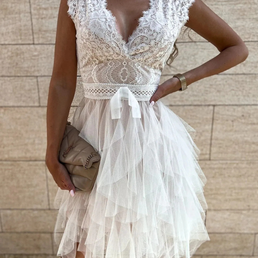 Lace V-Neck Ruffle Dress