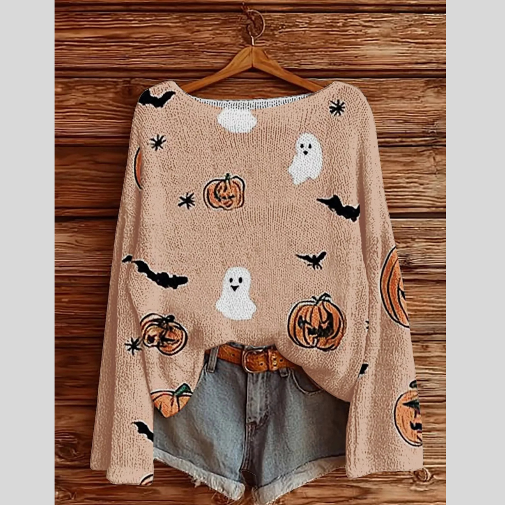 Full Size Halloween Graphic Boat Neck Sweater Plus Size