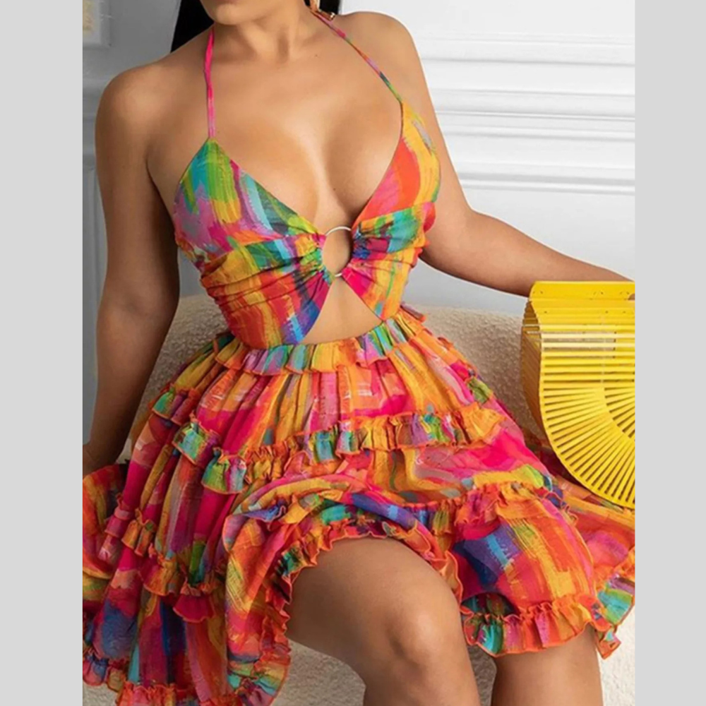 Colorful Print Halter Neck Ruffle Mini Dress