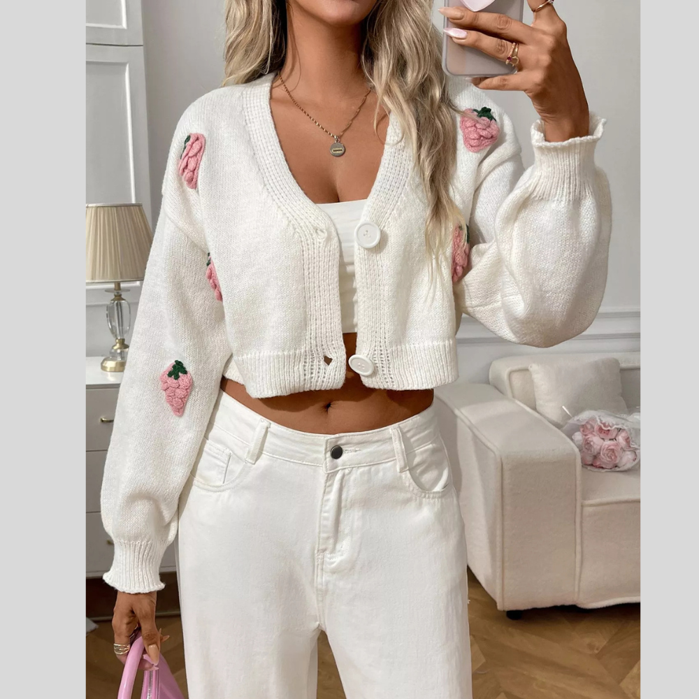 Strawberry Cropped Button-Up Cardigan