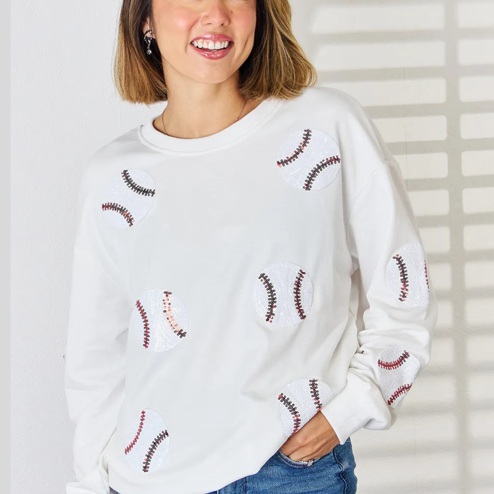 Sequin Baseball Round Neck Dropped Shoulder Sweatshirt