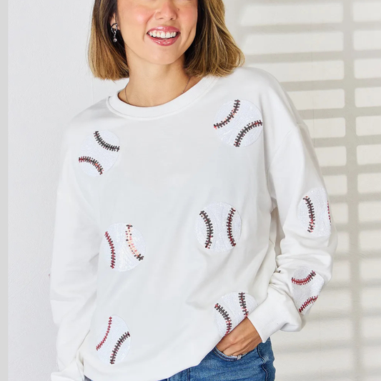 Sequin Baseball Round Neck Dropped Shoulder Sweatshirt