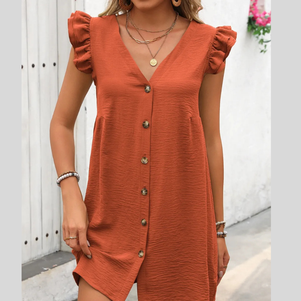 Ivy Lane Button Up V-Neck Cap Sleeve Mini Dress