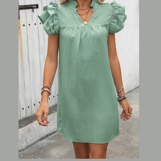 Ivy Lane Ruffled Notched Cap Sleeve Mini Dress