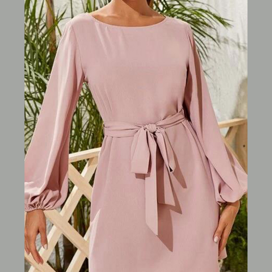 Tied Boat Neck Balloon Sleeve Mini Dress