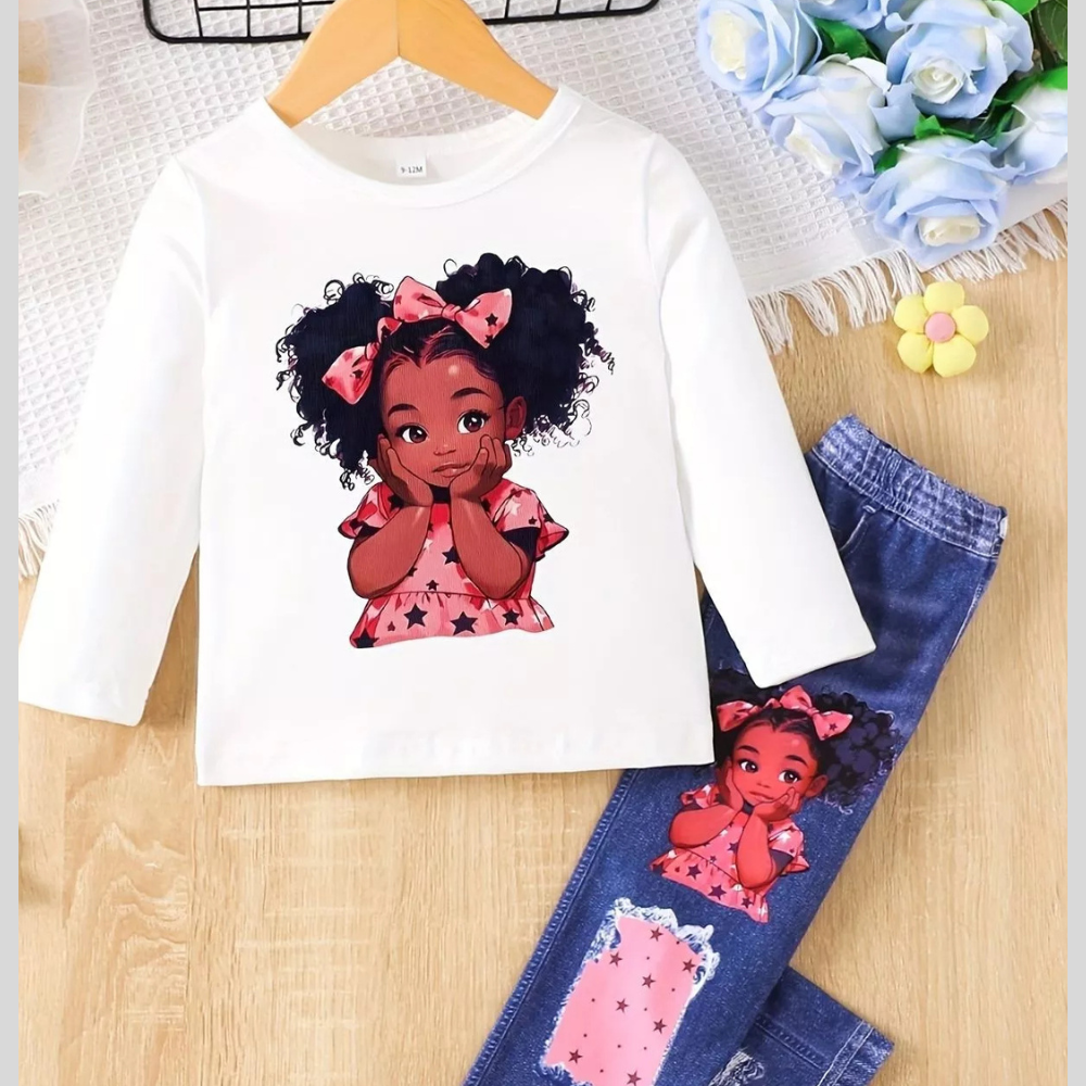Children's Cartoon Girl Long Sleeve Top & Jeans Set